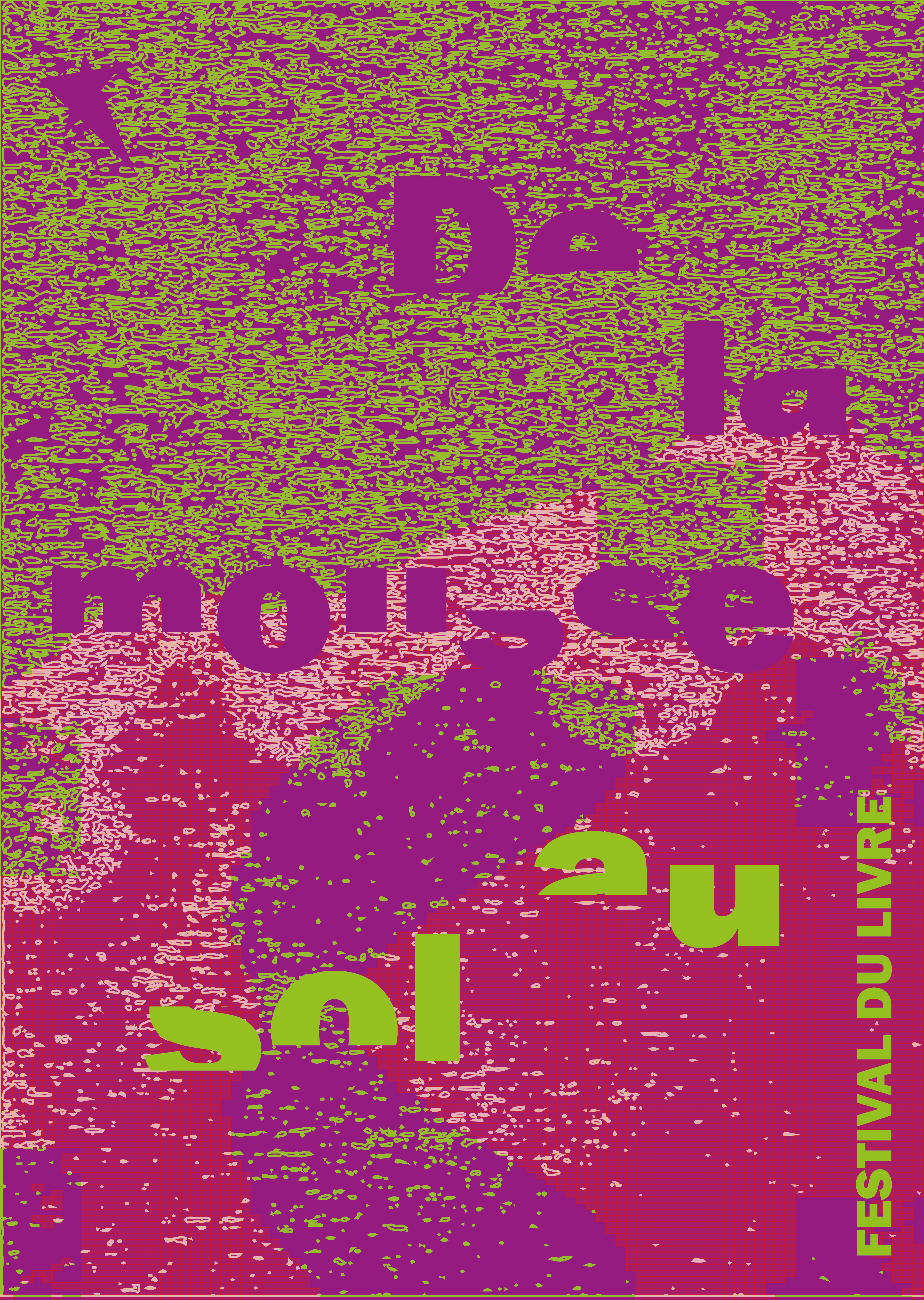 Affiche pour un festival du livre imaginaire jouant sur l'effacement du titre et des trames. Version violet et vert